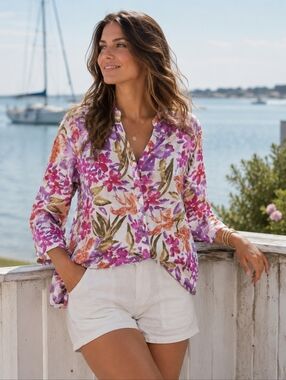 Earthy Floral Linen Blend Button Up Blouse Boho 3/4 Sleeve Summer vacation XL
